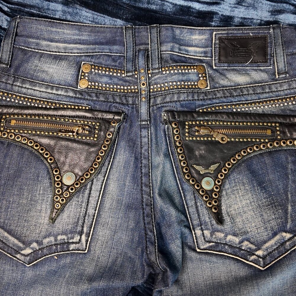 Robins jeans, Blue/ black leather, Waist 33-31 and inseam 30